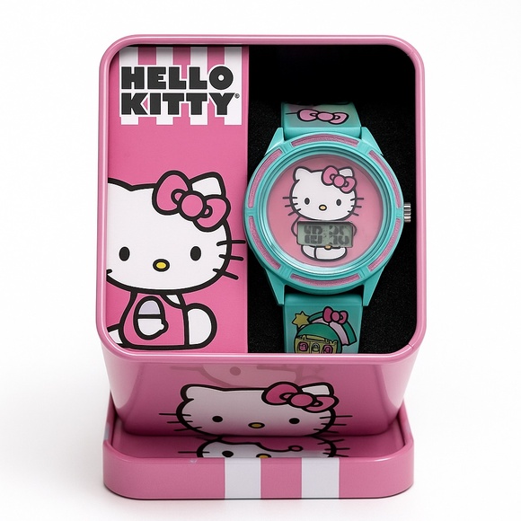 HELLO KITTY Sanrio Digital LCD Watch Blue Pink Rainbow Gift Boxed NWT Cute Teal - Picture 1 of 6
